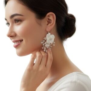 White Flower Opal Rhinestone Dangle Earrings – Silver Plated Bridal Jewelry